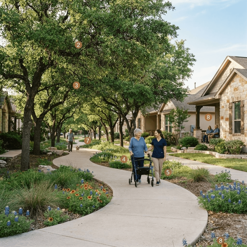 Quiet suburban neighborhood with single-story accessible homes in Cedar Park, Texas receiving non-medical senior home care and mobility support