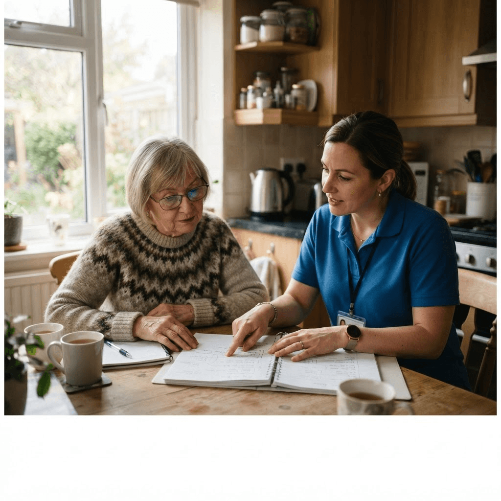 Home care assistant carefully folding fresh laundry and making a senior's bed with clean, sanitized hospital-corner linens