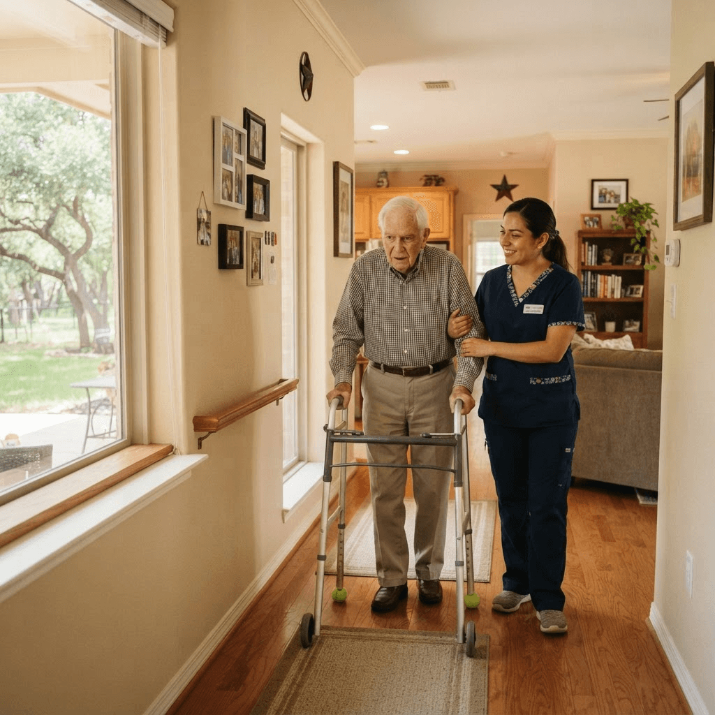 Morning Glory caregiver performing thorough light housekeeping, wiping kitchen surfaces, and clearing walkway trip hazards for senior home safety