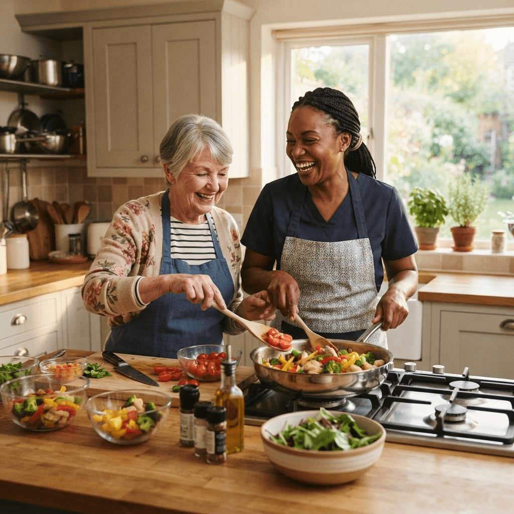 Caregiver preparing fresh, nutritious home-cooked vegetables and balanced meals for an elderly client in a clean kitchen
