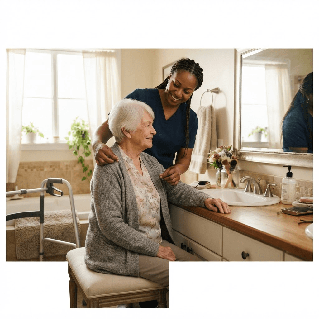 Compassionate Morning Glory caregiver providing hands-on support and joyful conversation with an elderly senior at home