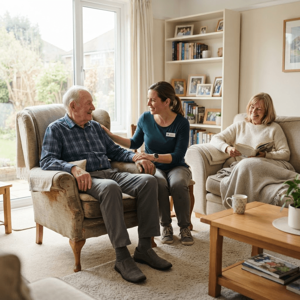 Compassionate respite caregiver providing attentive in-home care and companionship for an aging loved one while family caregivers rest
