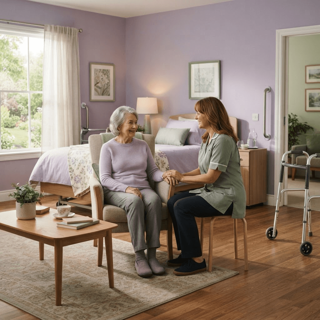 Certified caregiver using proper biomechanics and gait belt support to safely assist a senior standing from a chair